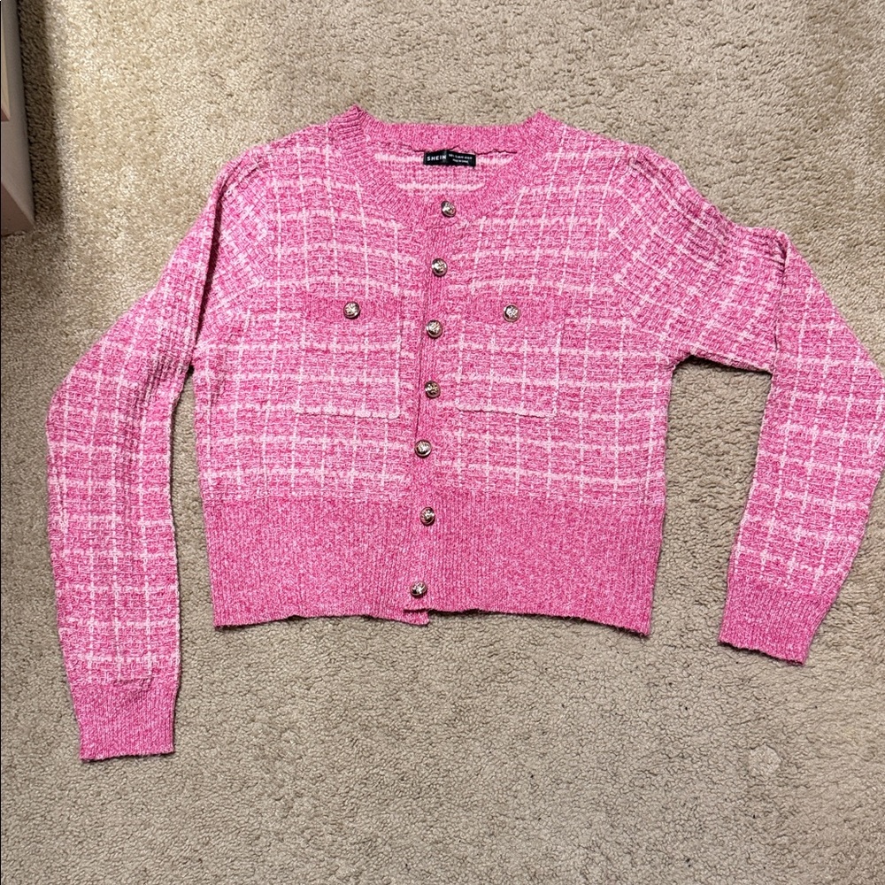 SHEIN Pink Plaid Button-Up Cardigan Sz 8/10